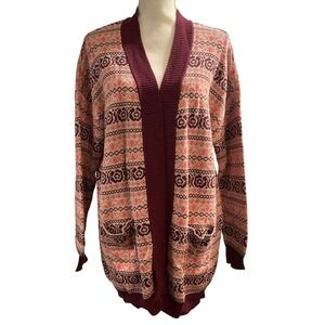 Matilda Jane Cardigan Maroon Fair Isle Open Front Size L Comfort Casual Pockets